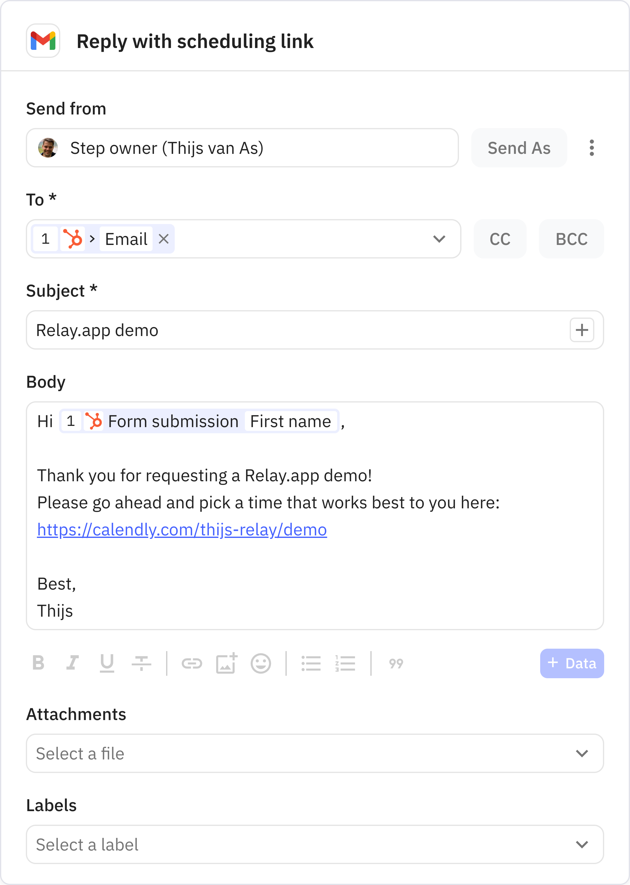 Relay.app screenshot of: Reply with scheduling link