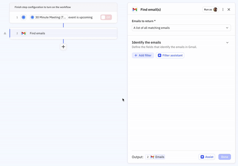 Configure a 'Find' step to collect all emails from your meeting guests in the past month (so you can feed them into an upcoming AI step)