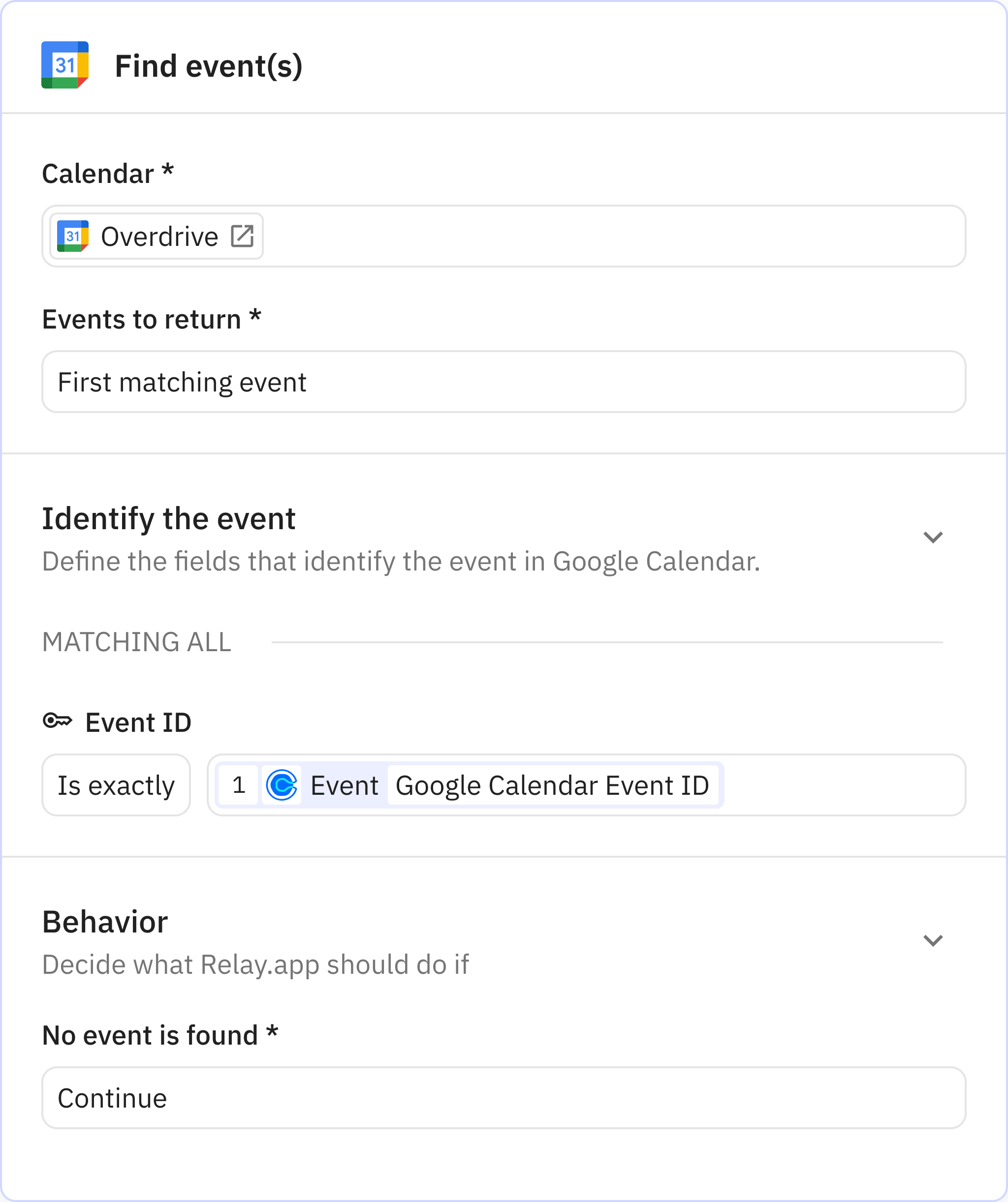 Relay.app screenshot of: Find event(s)
