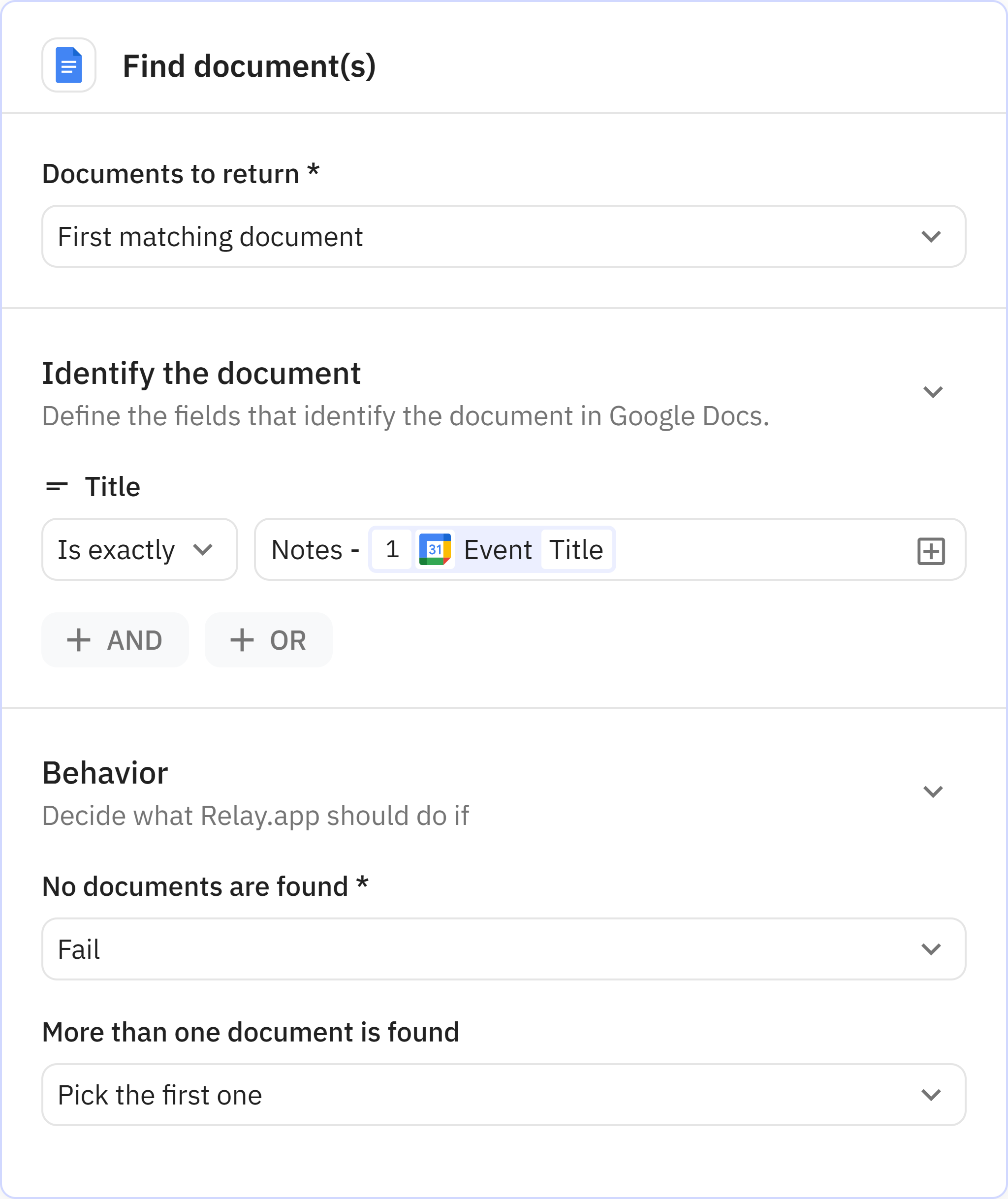 Relay.app screenshot of: Find document(s)