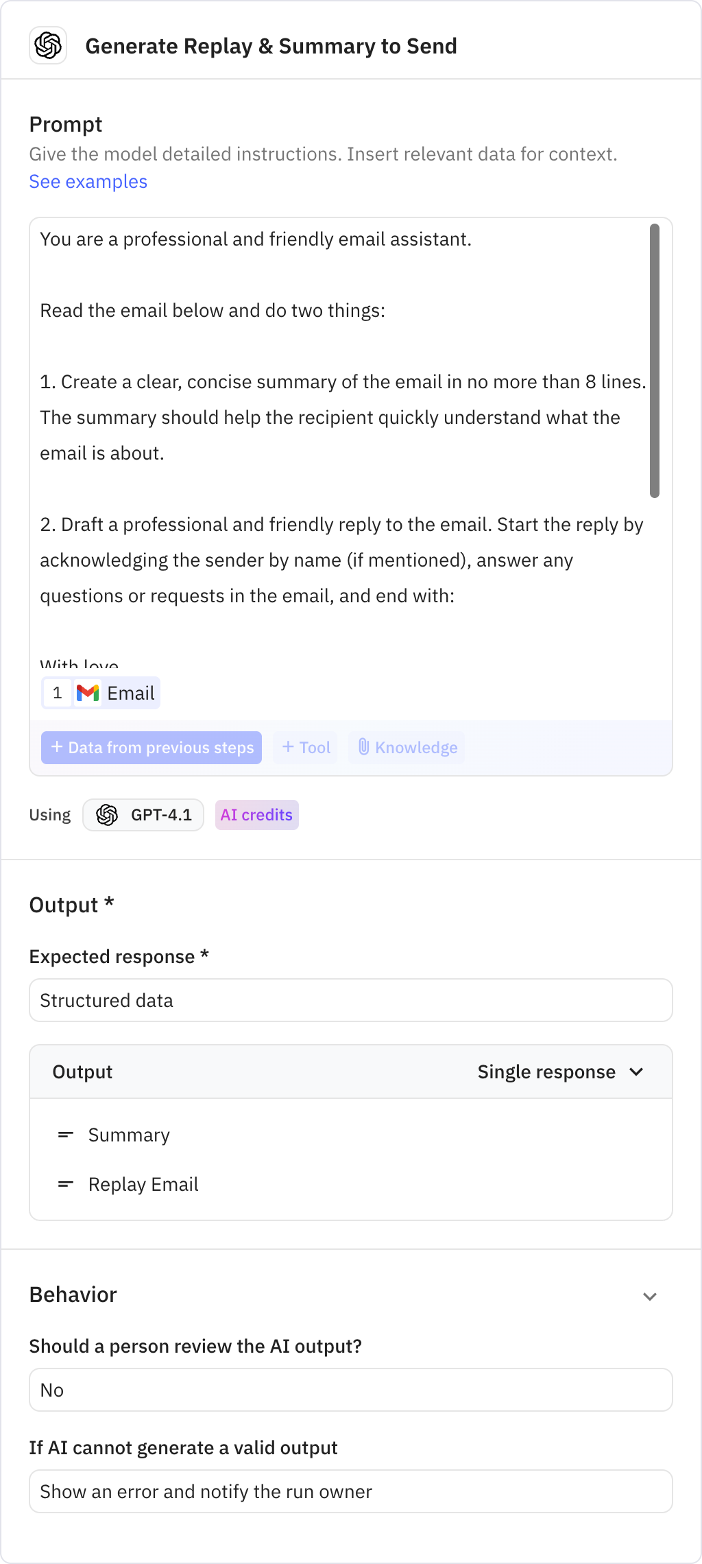 Relay.app screenshot of: Generate Replay & Summary to Send