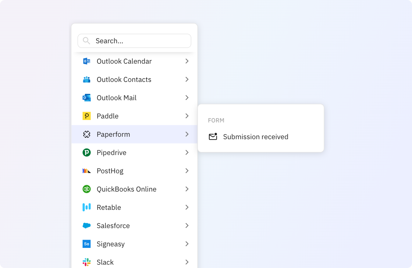 Preview of Use Relay.app's Paperform integrations to trigger actions across your apps