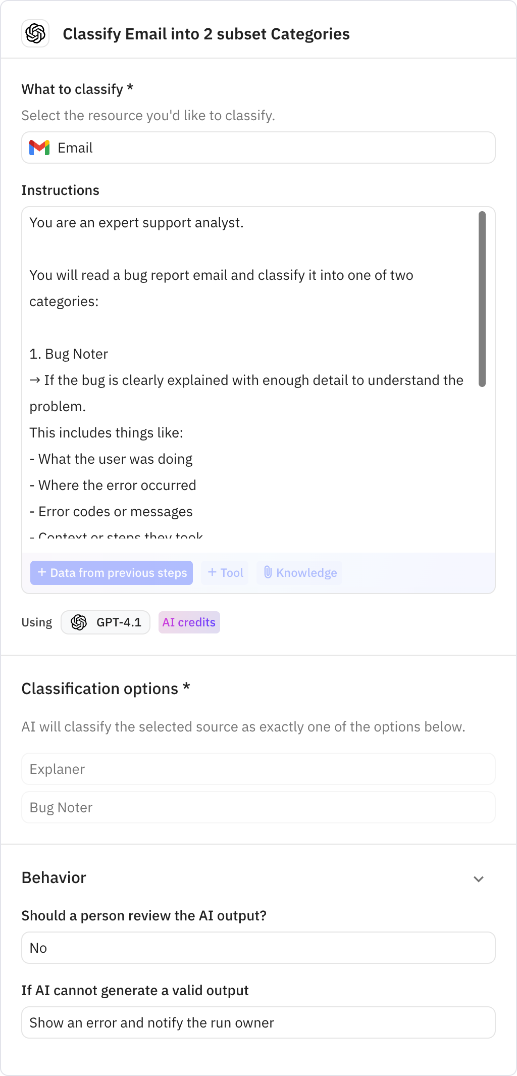 Relay.app screenshot of: Classify Email into 2 subset Categories