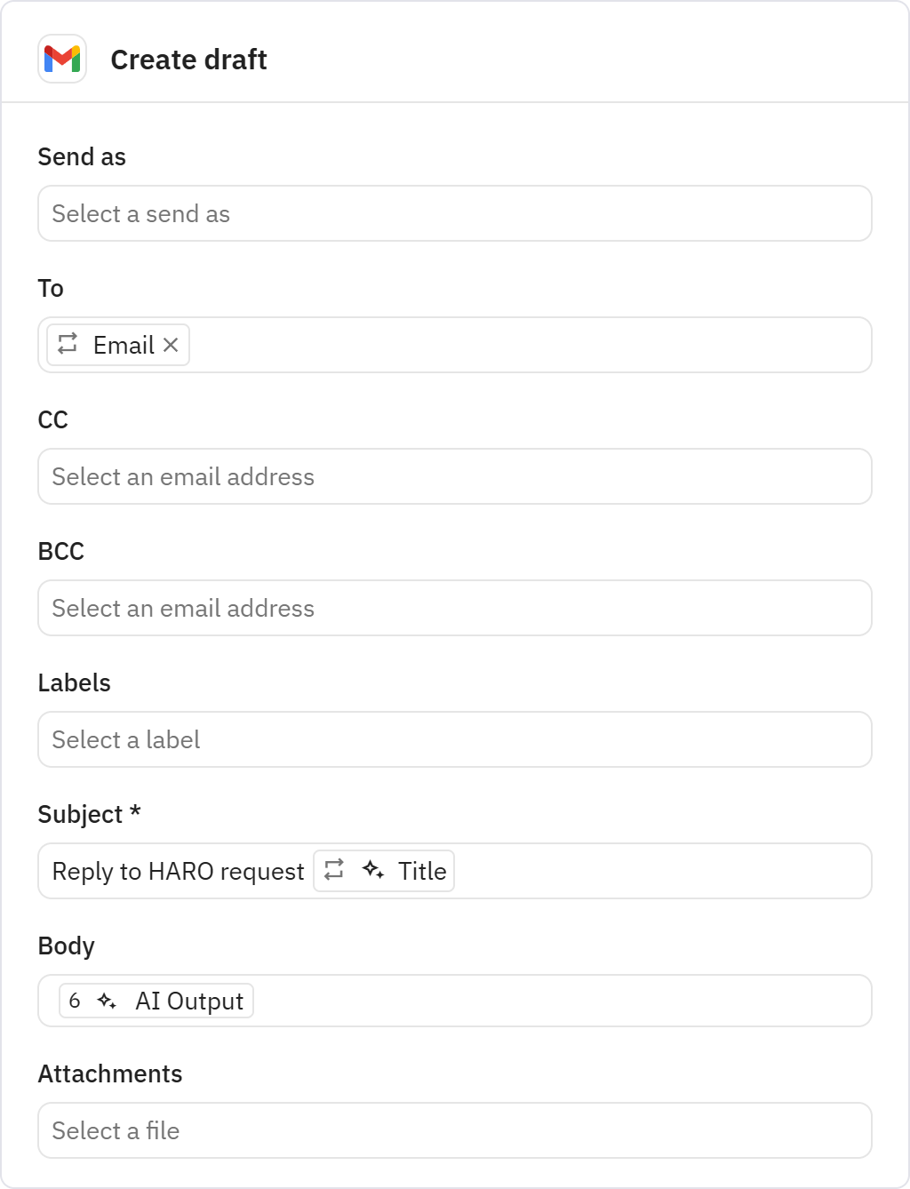 Relay.app screenshot of: Create draft