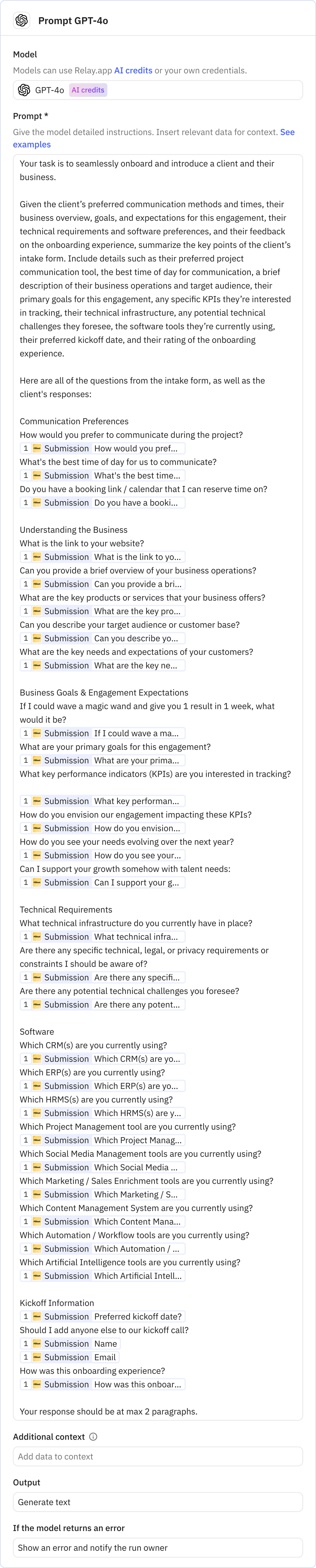 Relay.app screenshot of: Prompt GPT-4o