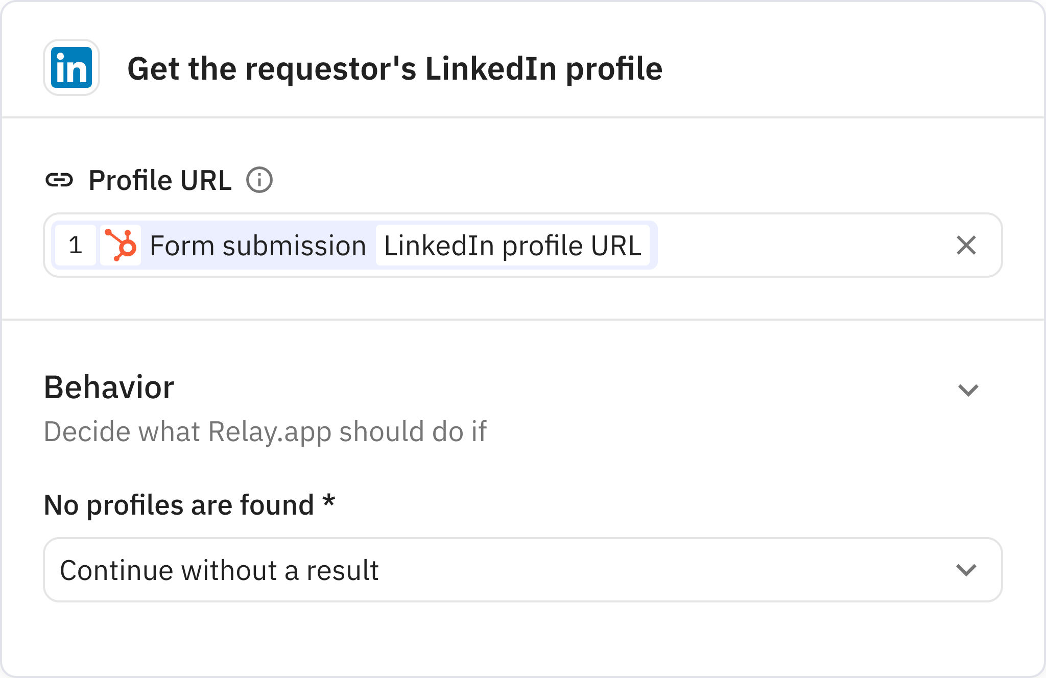 Relay.app screenshot of: Get the requestor's LinkedIn profile