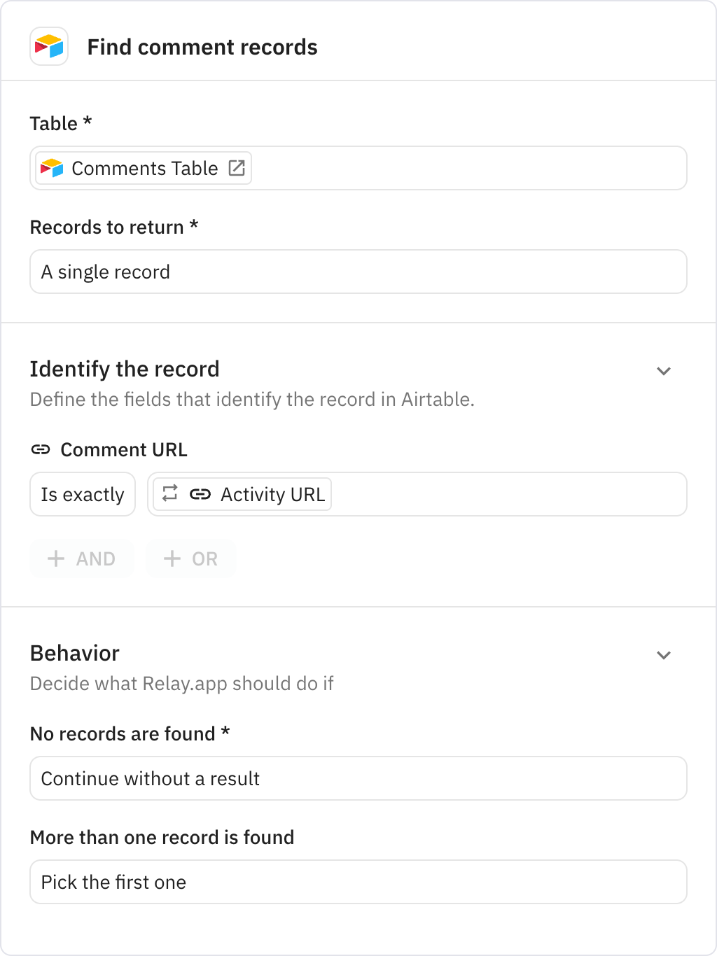 Relay.app screenshot of: Find comment records