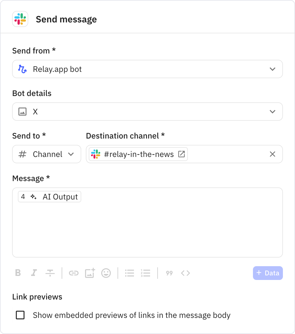 Relay.app screenshot of: Send message