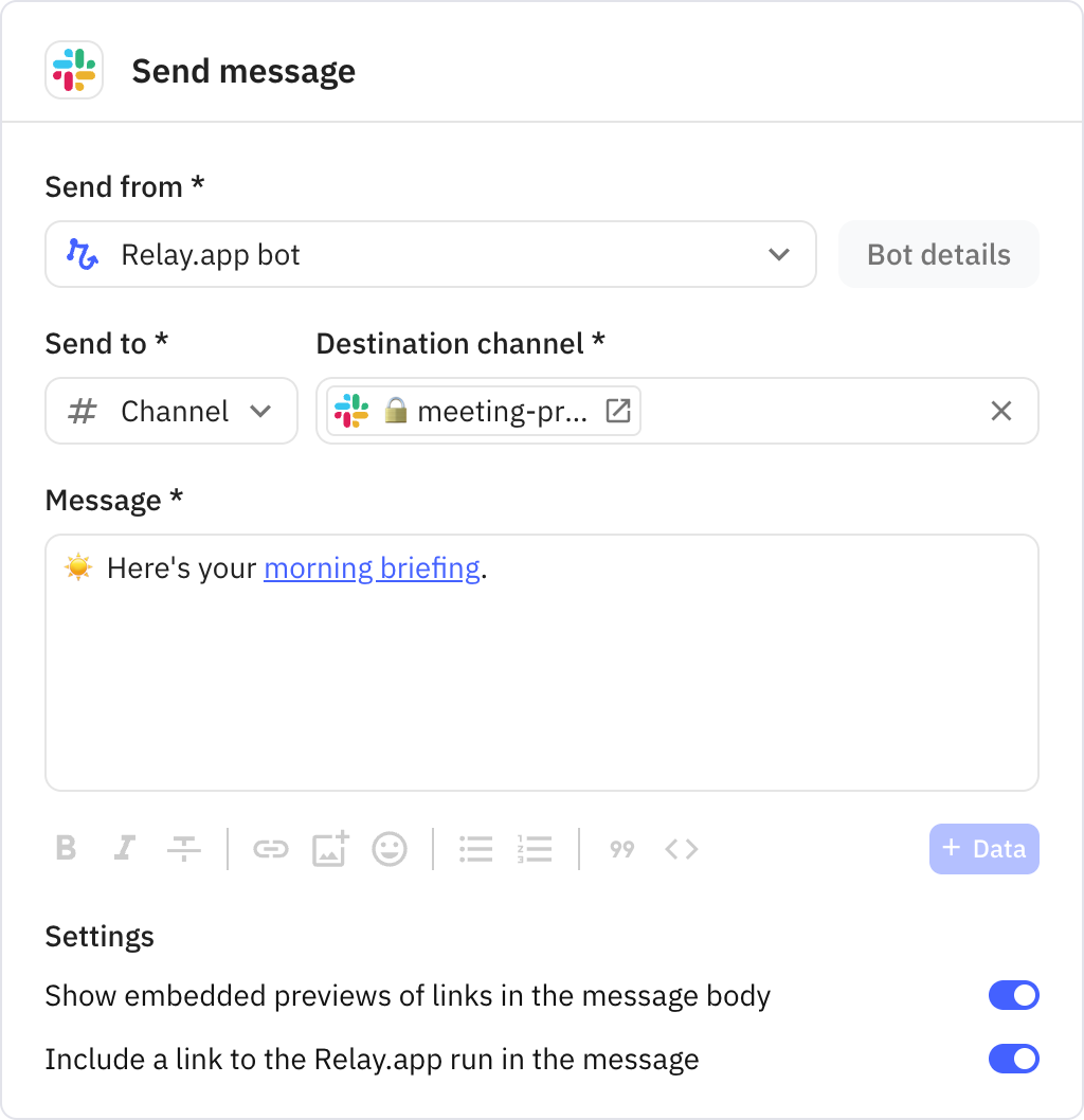 Relay.app screenshot of: Send message