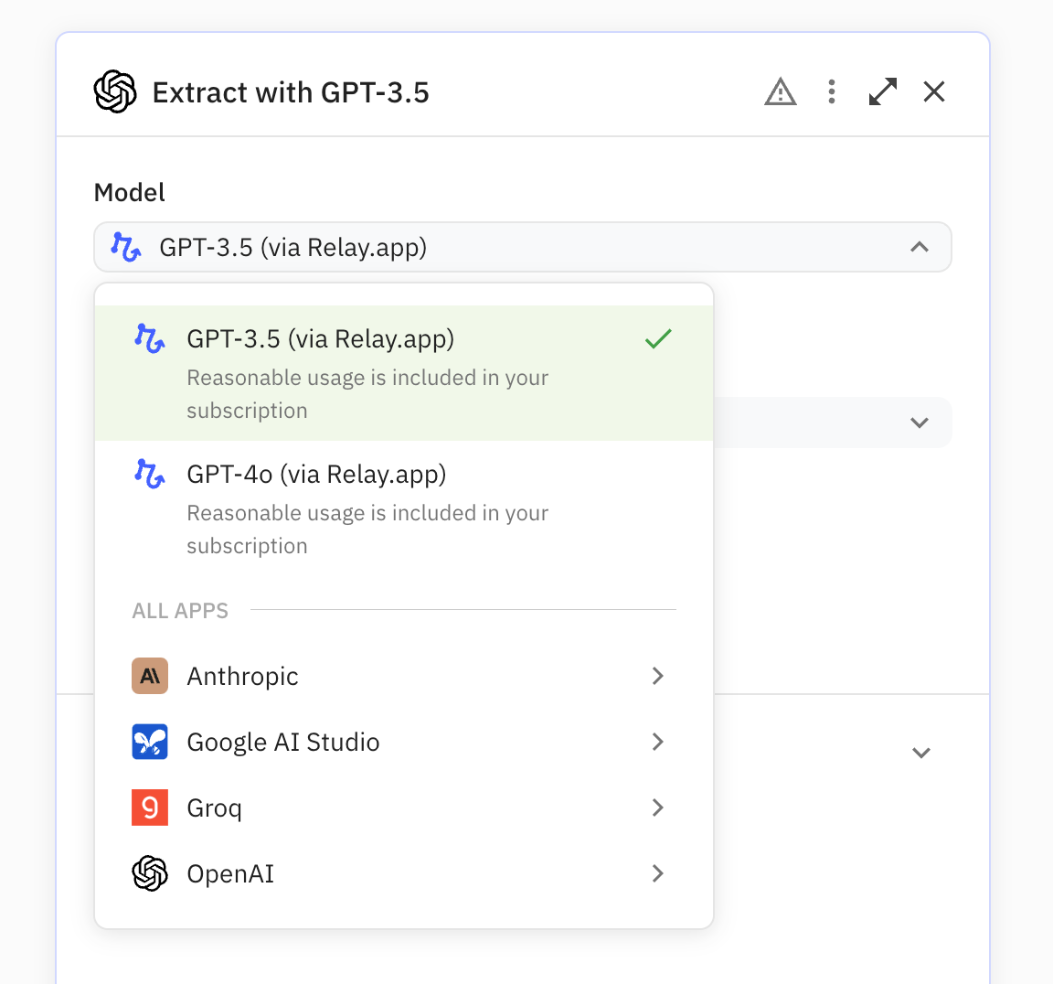 Select an AI model to use. Free reasonable use of GPT-3.5 and GPT-4o is included in all Relay.app plans