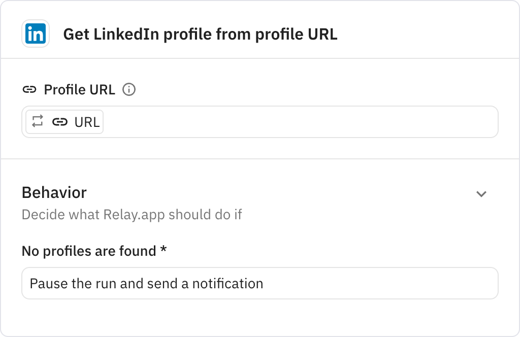 Relay.app screenshot of: Get LinkedIn profile from profile URL