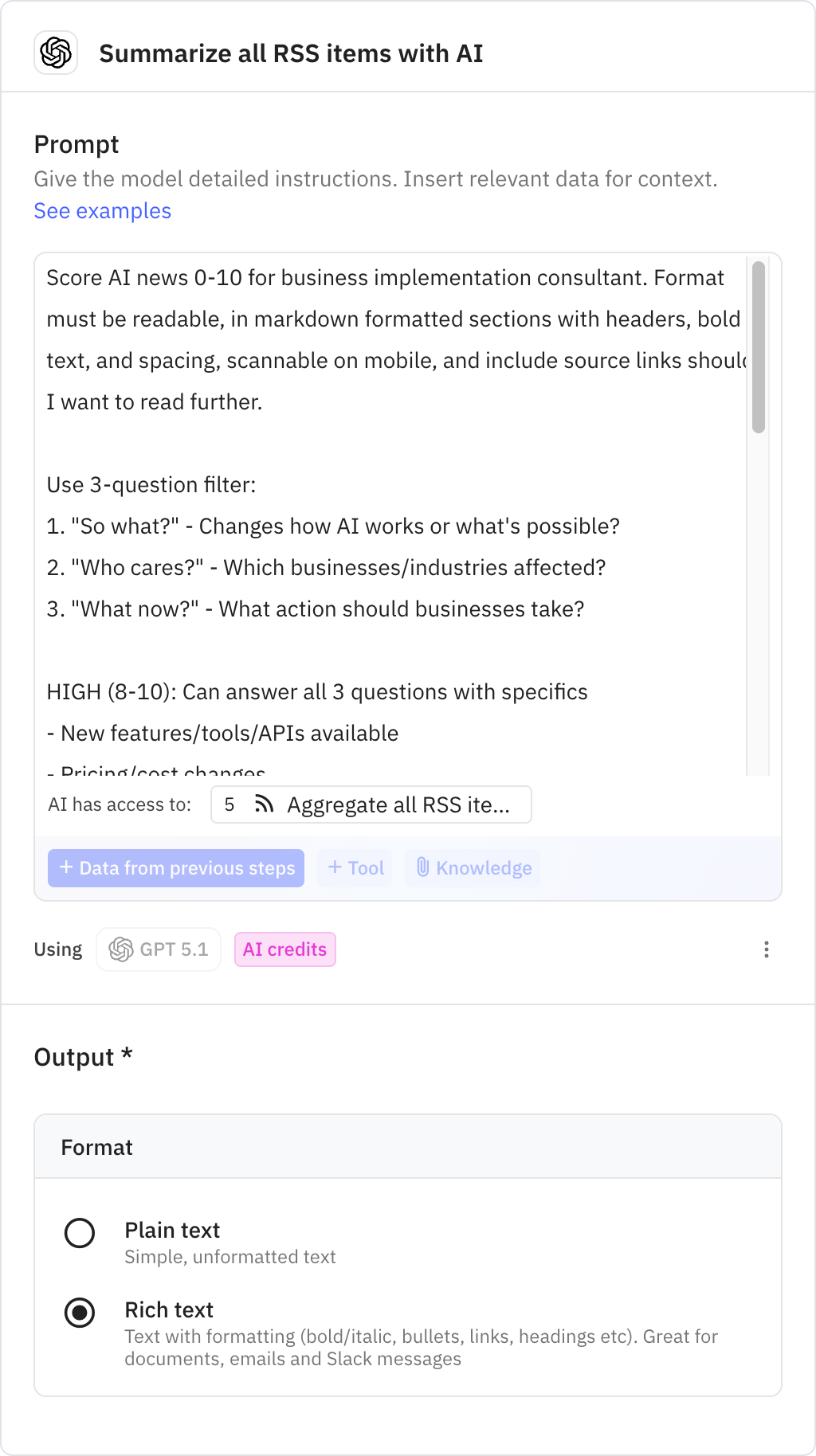 Relay.app screenshot of: Summarize all RSS items with AI