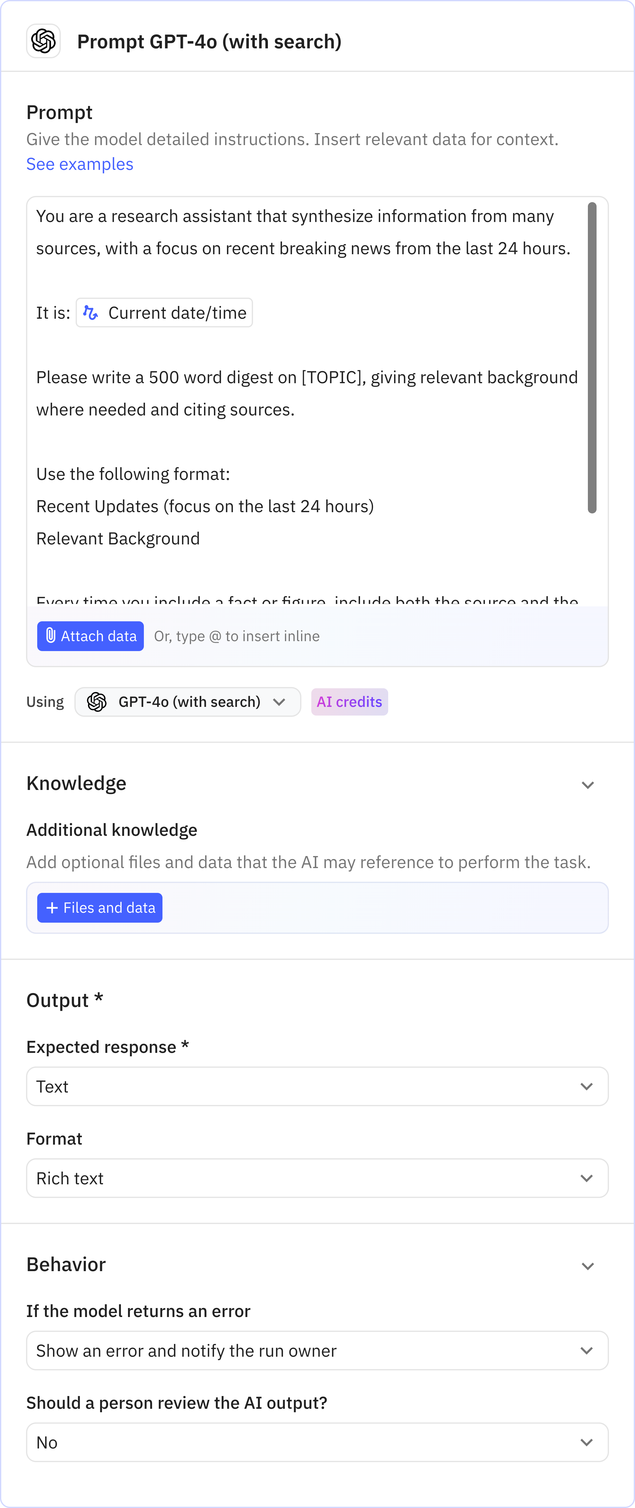 Relay.app screenshot of: Prompt GPT-4o (with search)