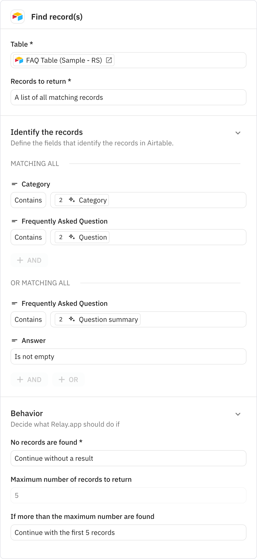 Relay.app screenshot of: Find record(s)