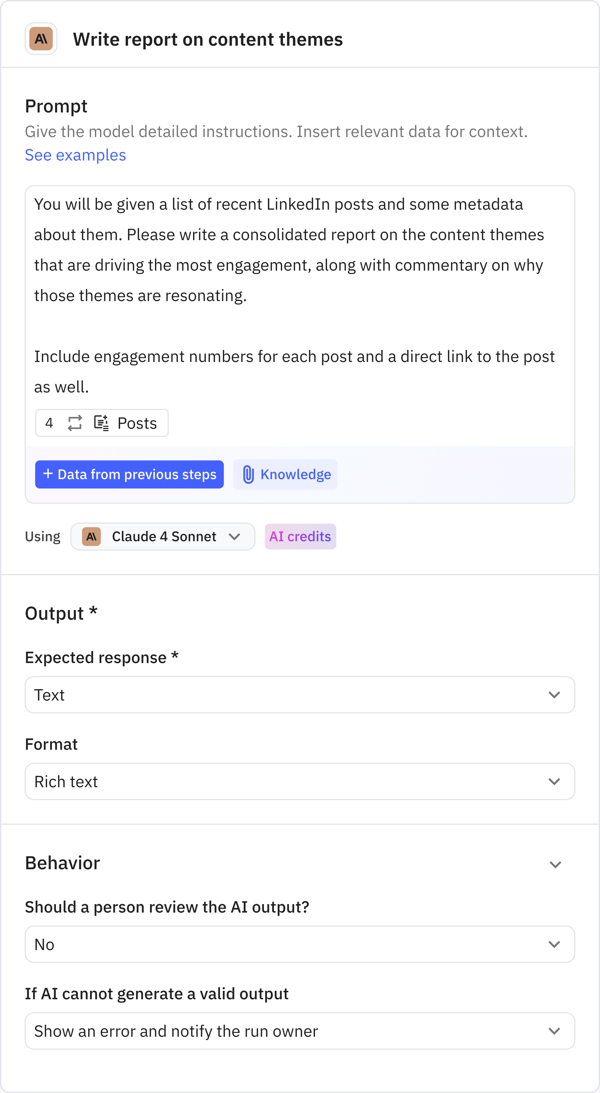 Relay.app screenshot of: Write report on content themes