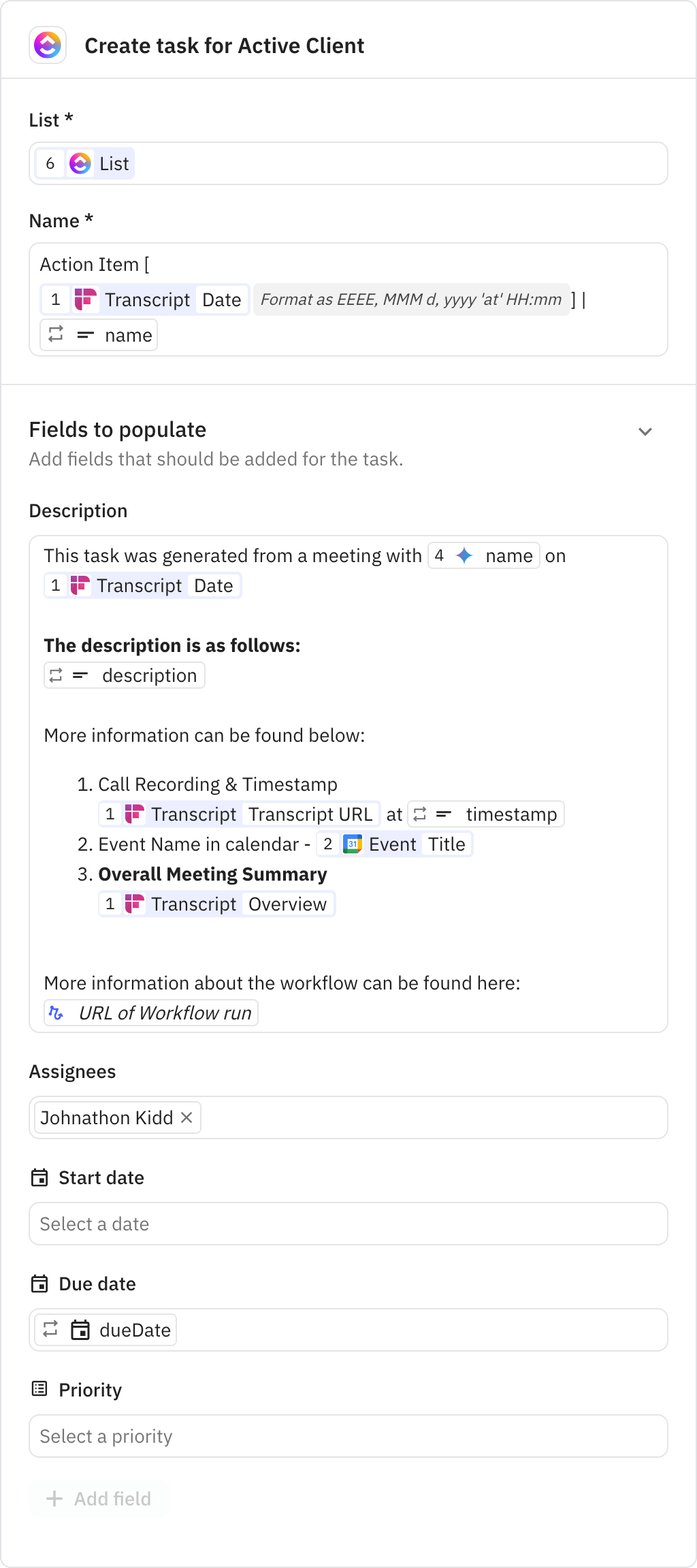 Relay.app screenshot of: Create task for Active Client