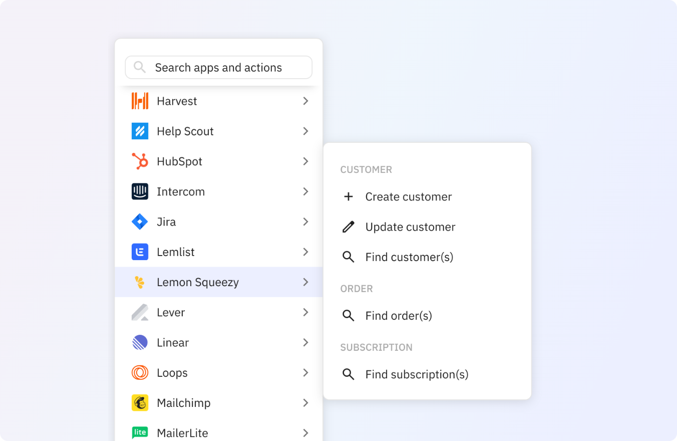 Preview of Use any of these Lemon Squeezy actions in your Relay.app workflows