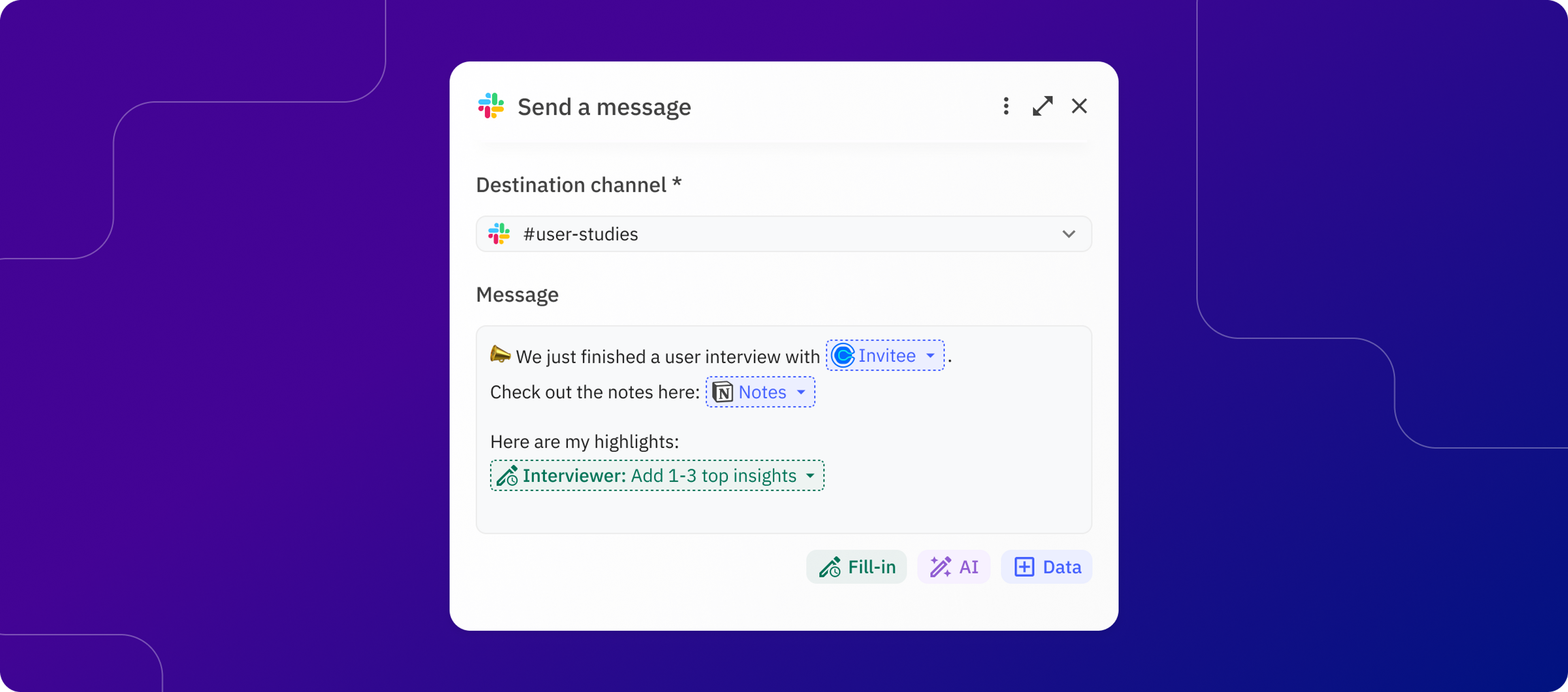 Slack "send a message" automation with manual fill-in