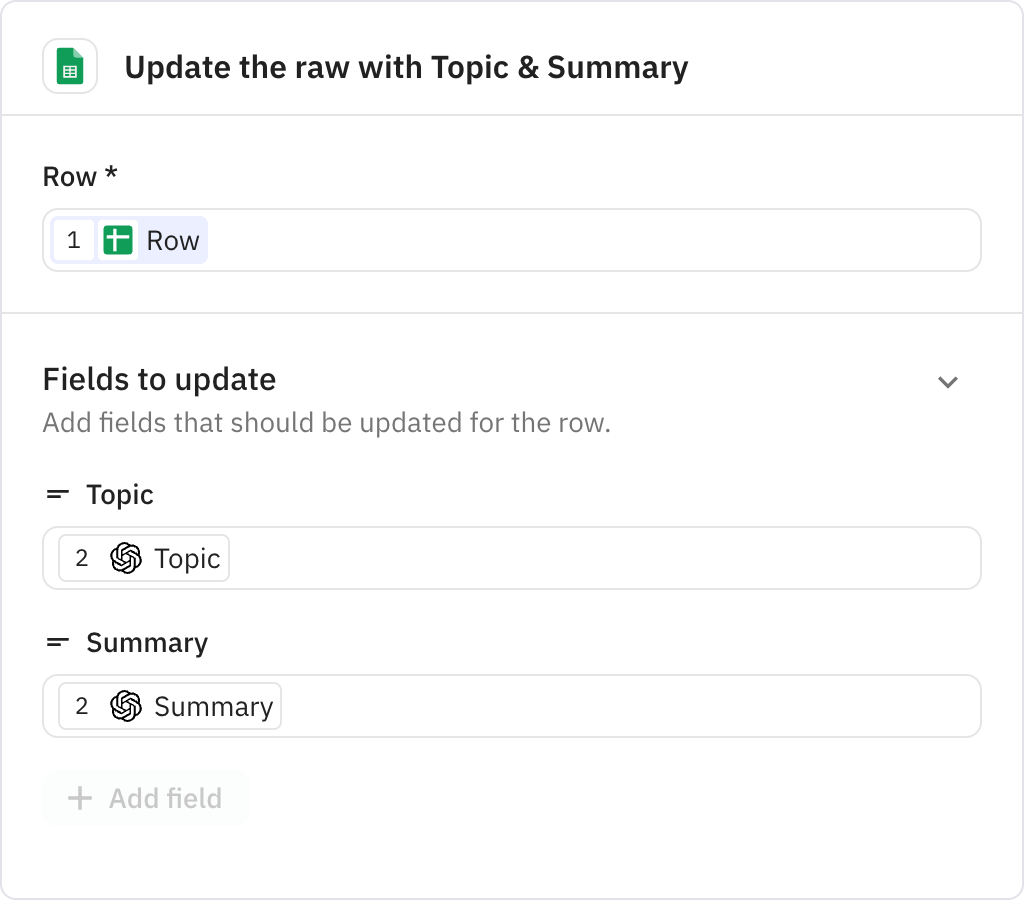 Relay.app screenshot of: Update the raw with Topic & Summary