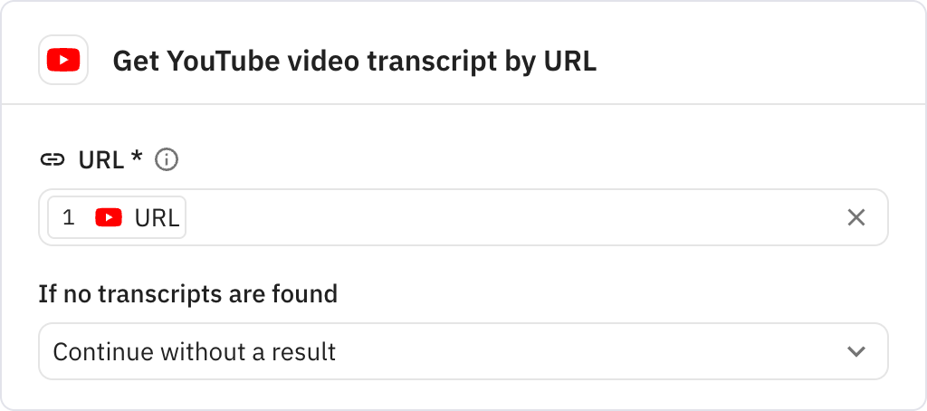 Relay.app screenshot of: Get YouTube video transcript by URL