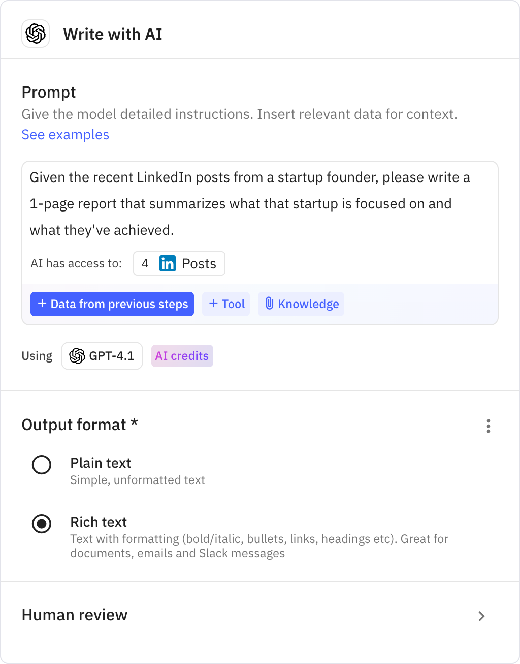 Relay.app screenshot of: Write with AI