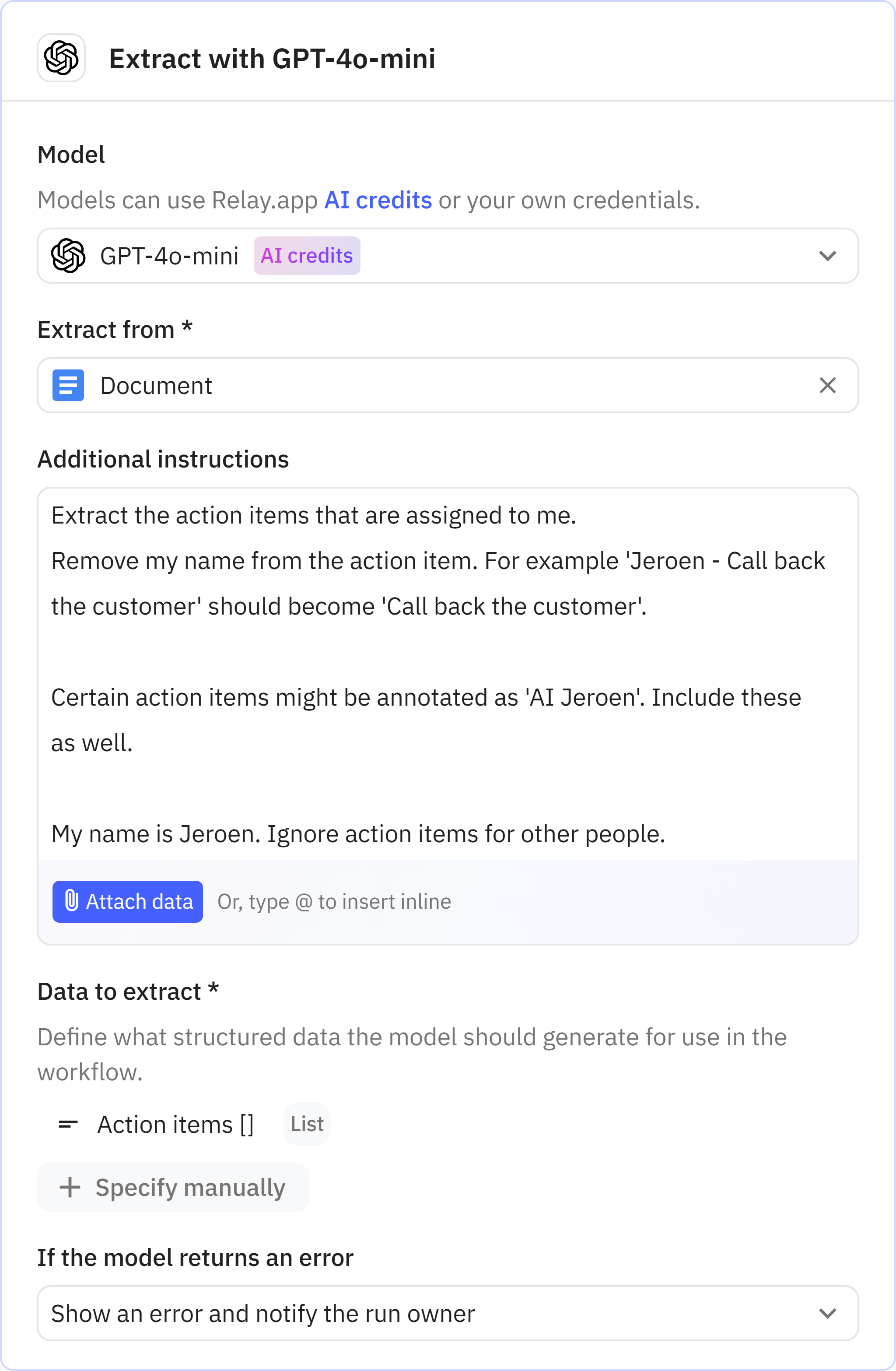 Relay.app screenshot of: Extract with GPT-4o-mini