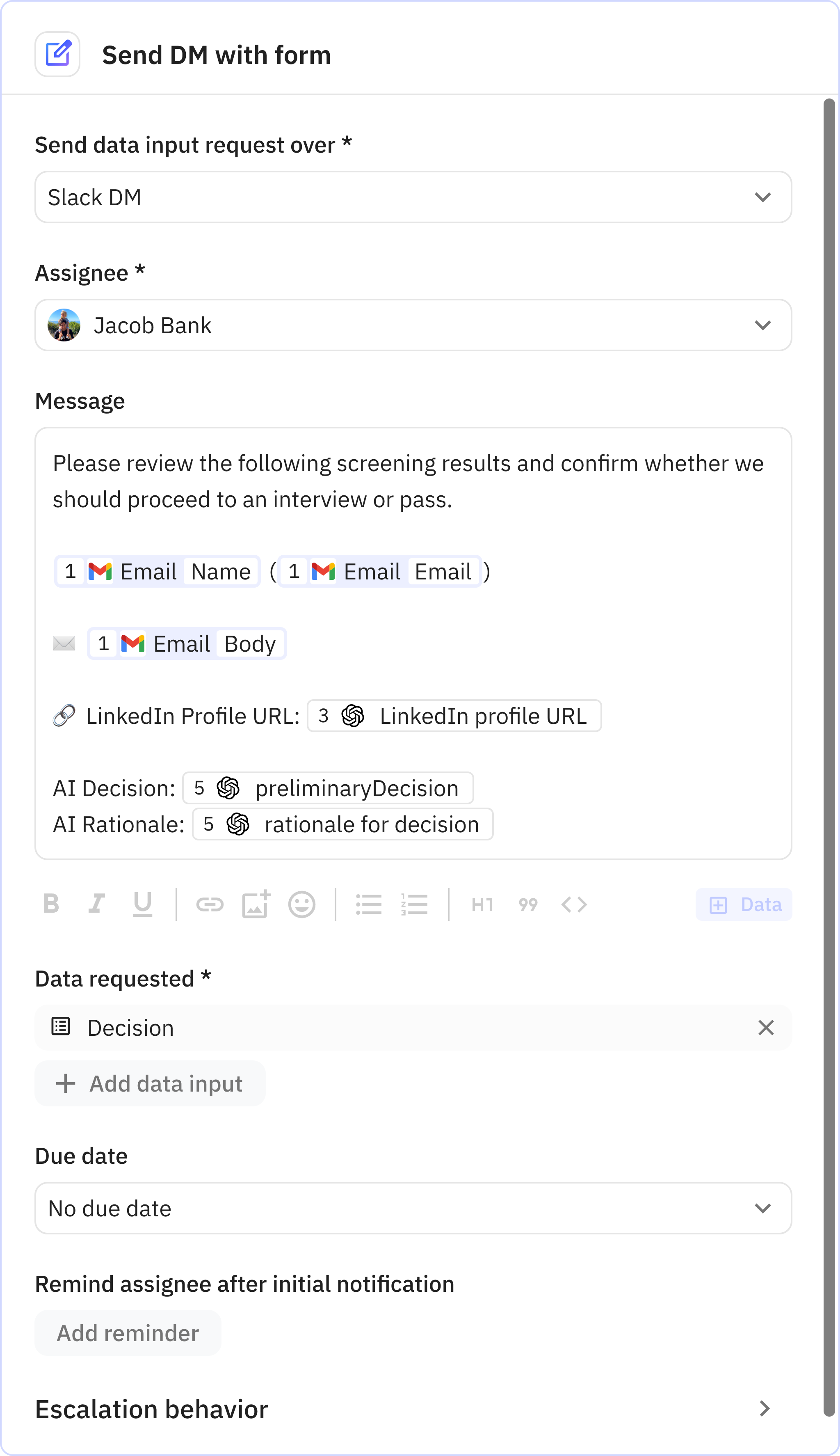 Relay.app screenshot of: Send DM with form