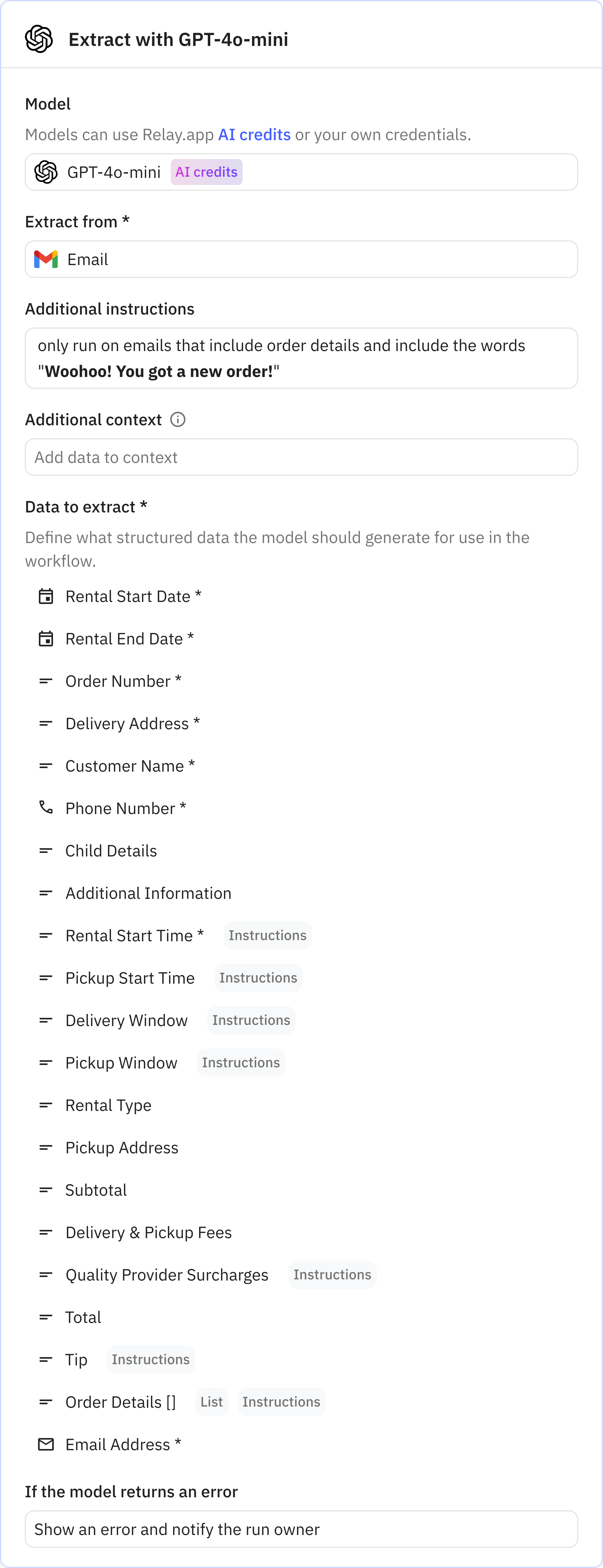Relay.app screenshot of: Extract with GPT-4o-mini