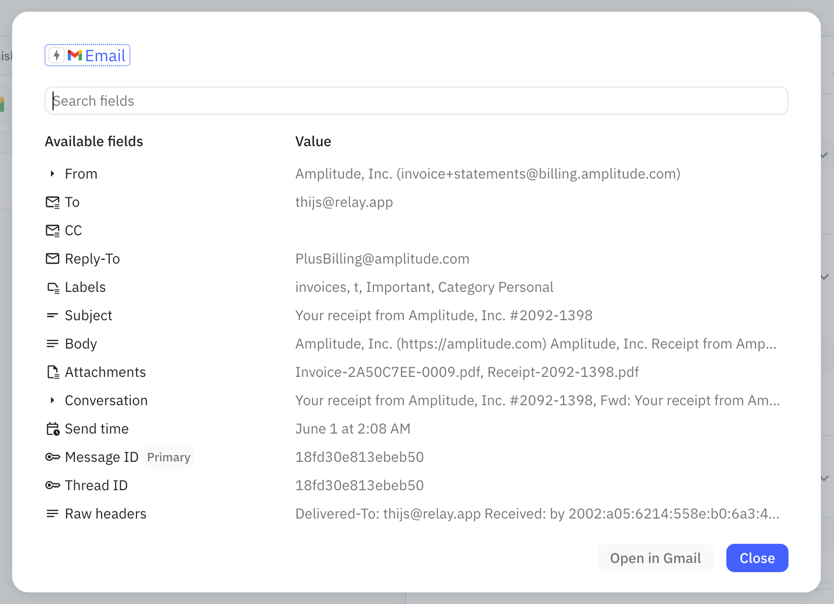 The object inspector shows all available fields for an 'Email' object as well as the values for the specific example email that was selected