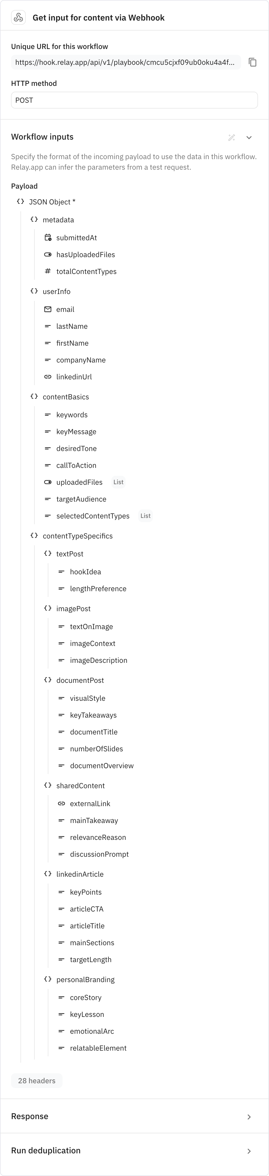Relay.app screenshot of: Get input for content via Webhook