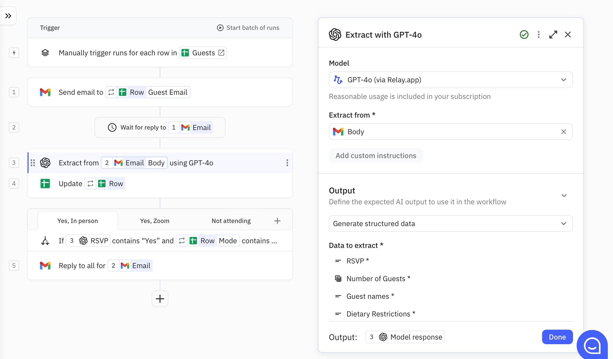 The step AI Extract step extracts key information from the RSVP response emails