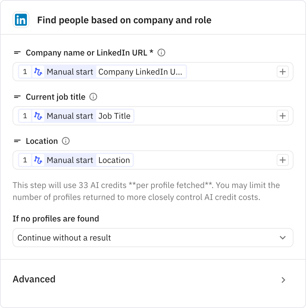 Relay.app screenshot of: Find people based on company and role