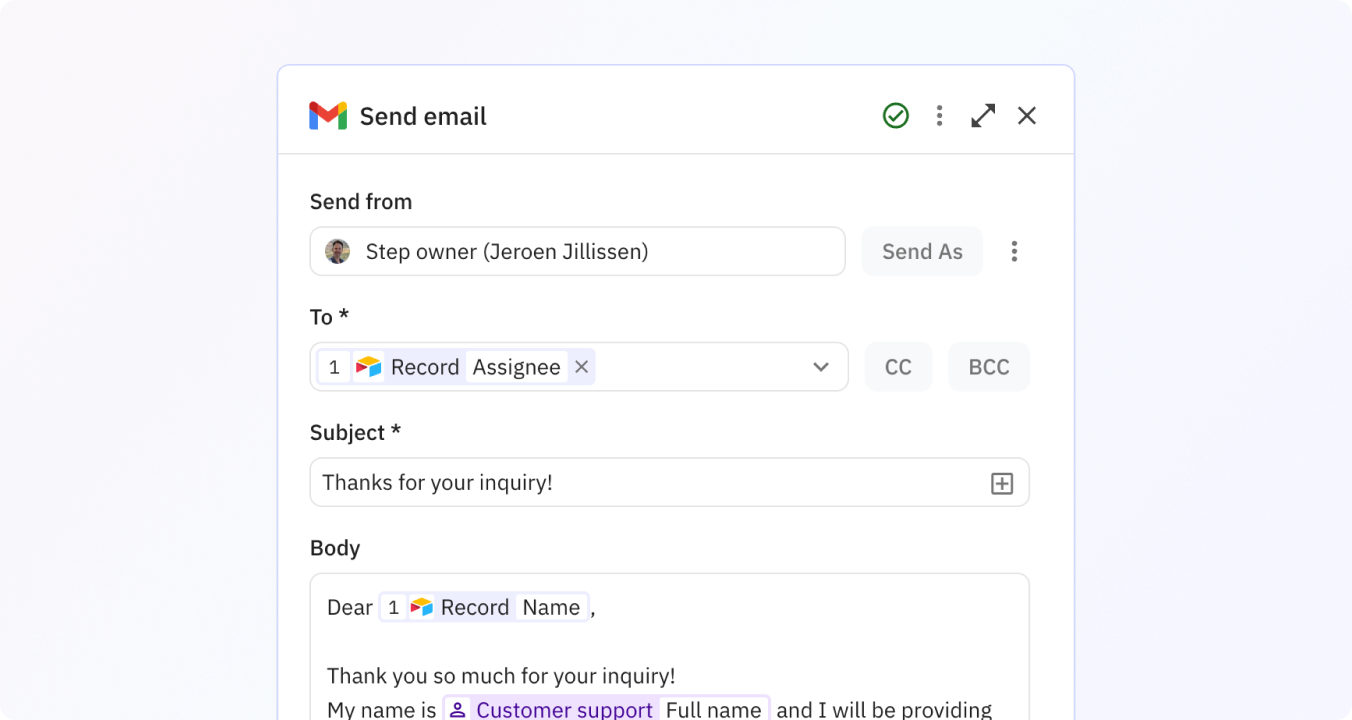 Preview of Use variables from other steps in your emails to personalize your message.