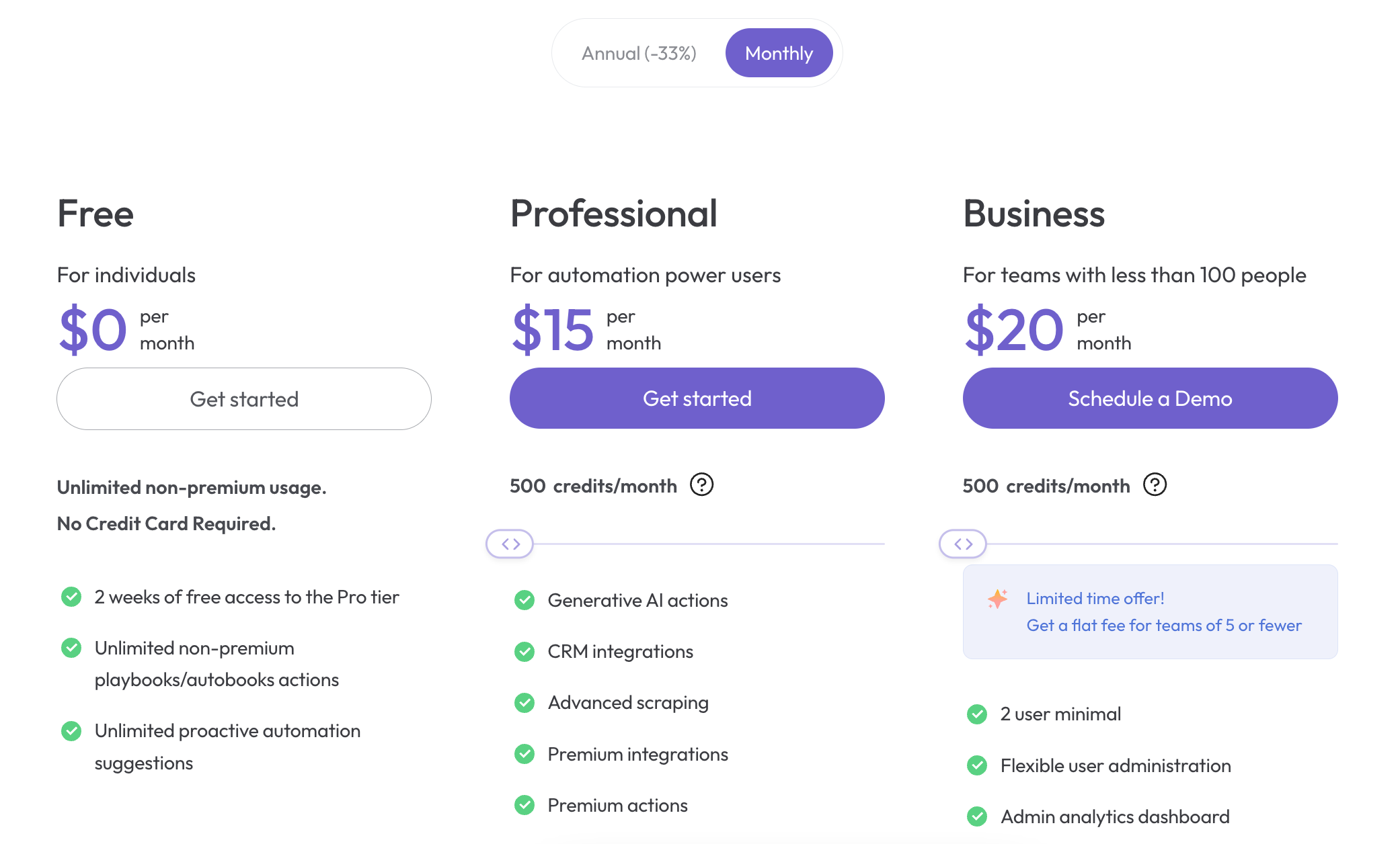 Bardeen's pricing scales by $10 for every 500 monthly credits you need.