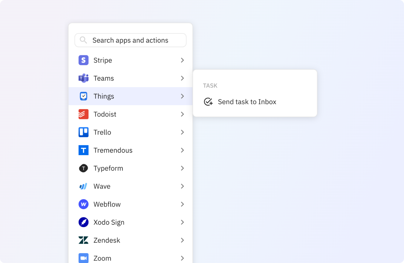 Preview of Use any of these Things actions in your Relay.app workflows.