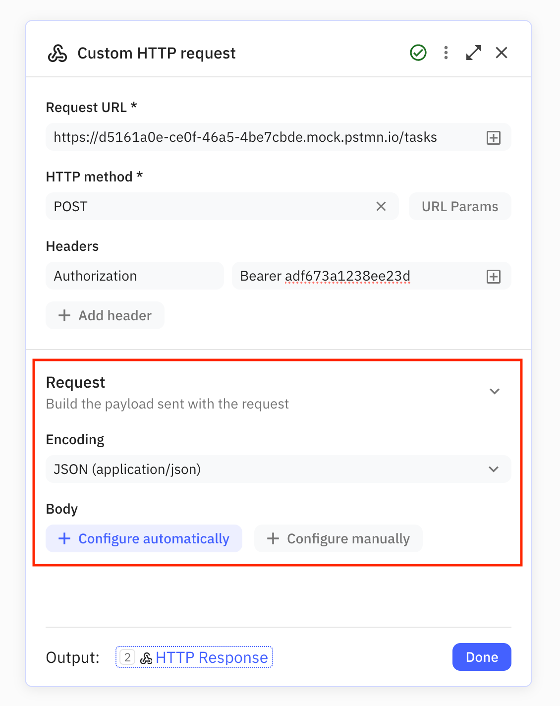 After completing the top-level request configuration, a new section appears to configure the payload of the request