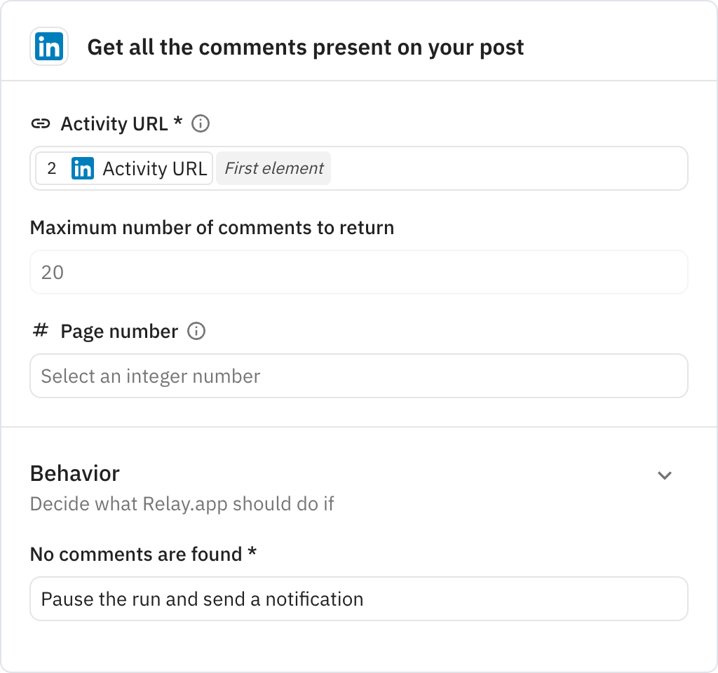Relay.app screenshot of: Get all the comments present on your post