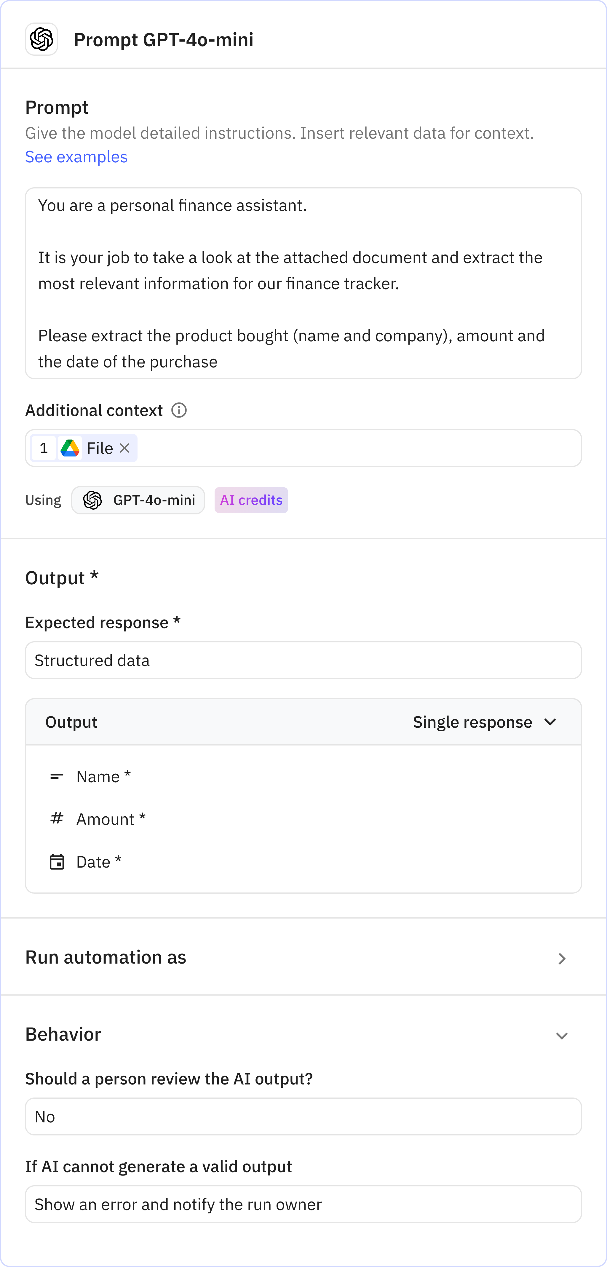 Relay.app screenshot of: Prompt GPT-4o-mini