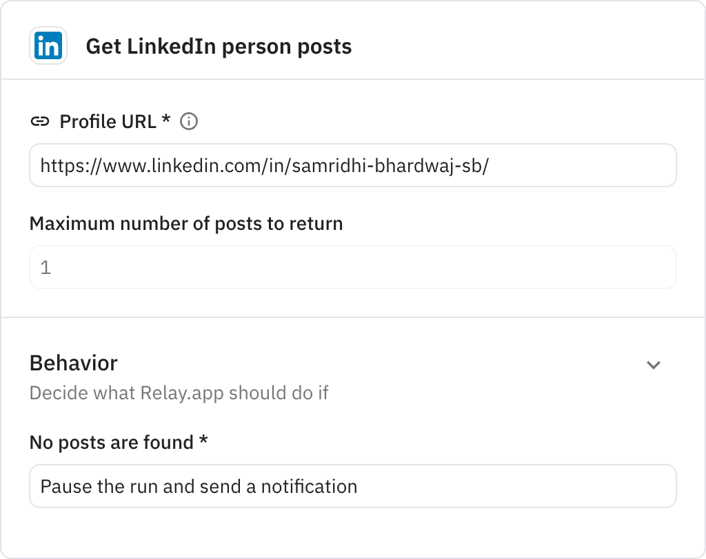 Relay.app screenshot of: Get LinkedIn person posts