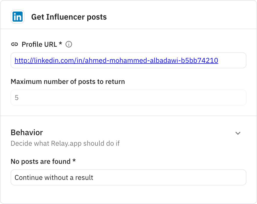 Relay.app screenshot of: Get Influencer posts
