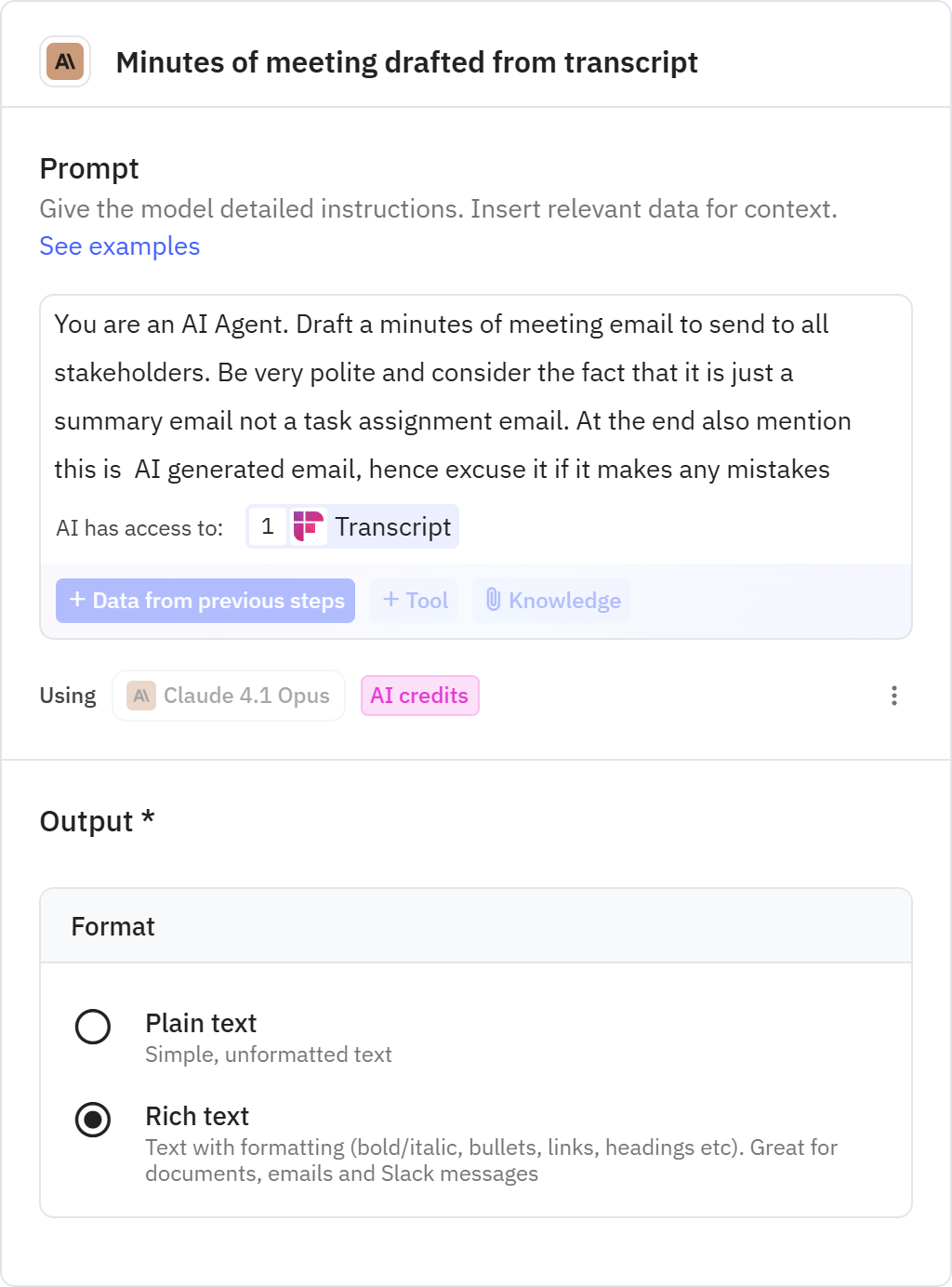 Relay.app screenshot of: Minutes of meeting drafted from transcript