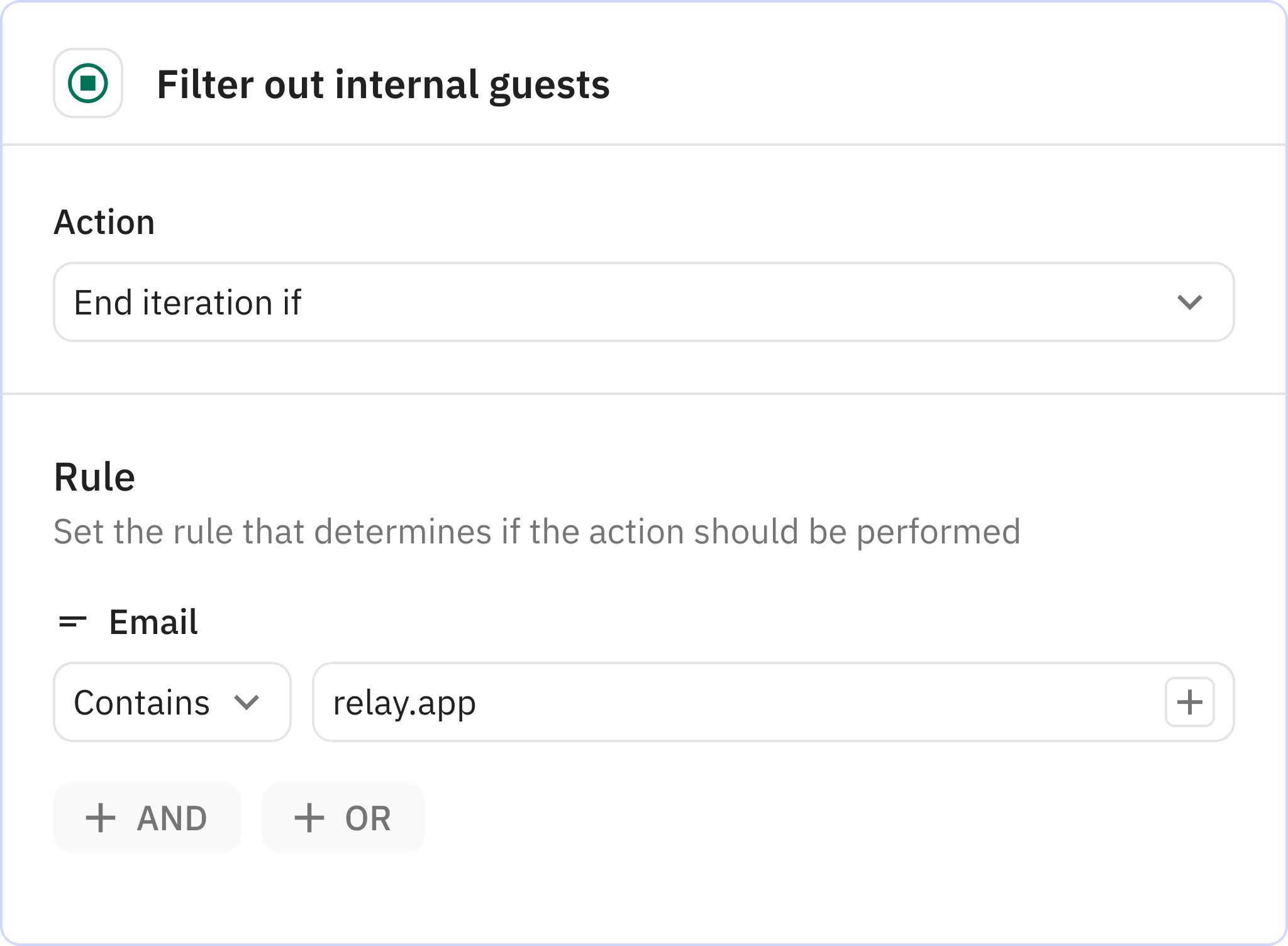 Relay.app screenshot of: Filter out internal guests