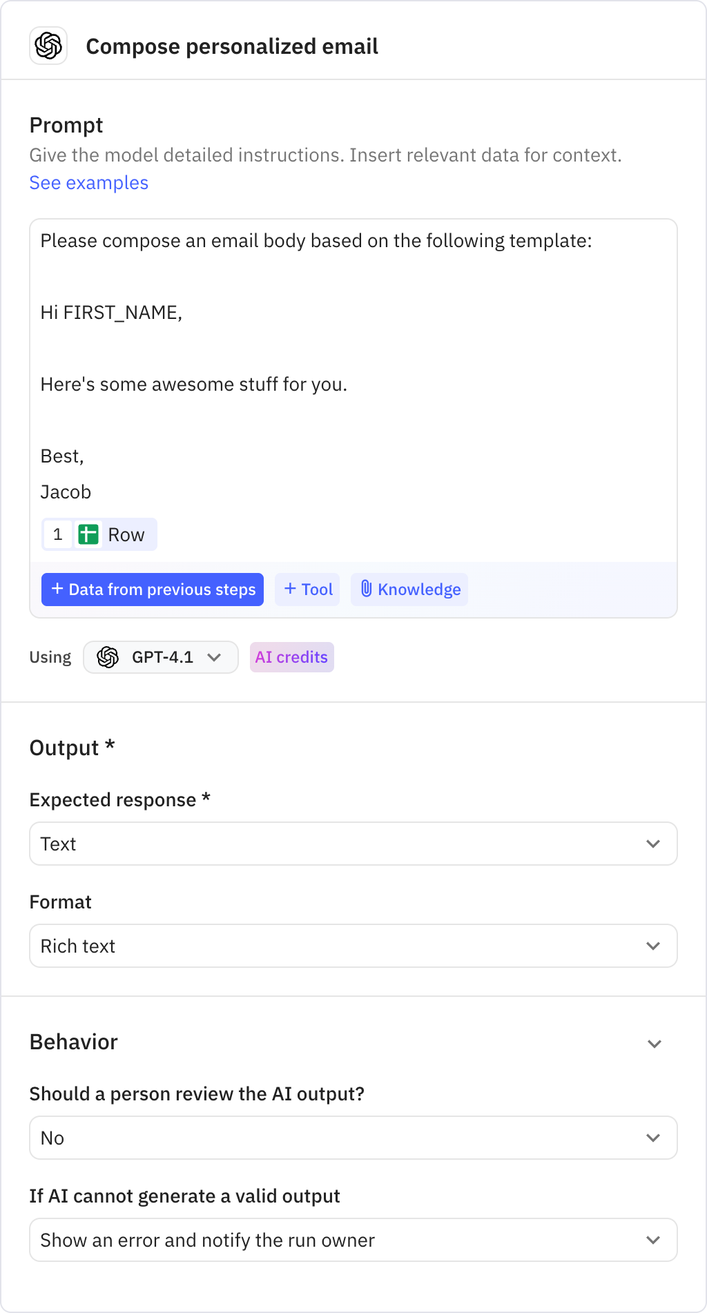 Relay.app screenshot of: Compose personalized email