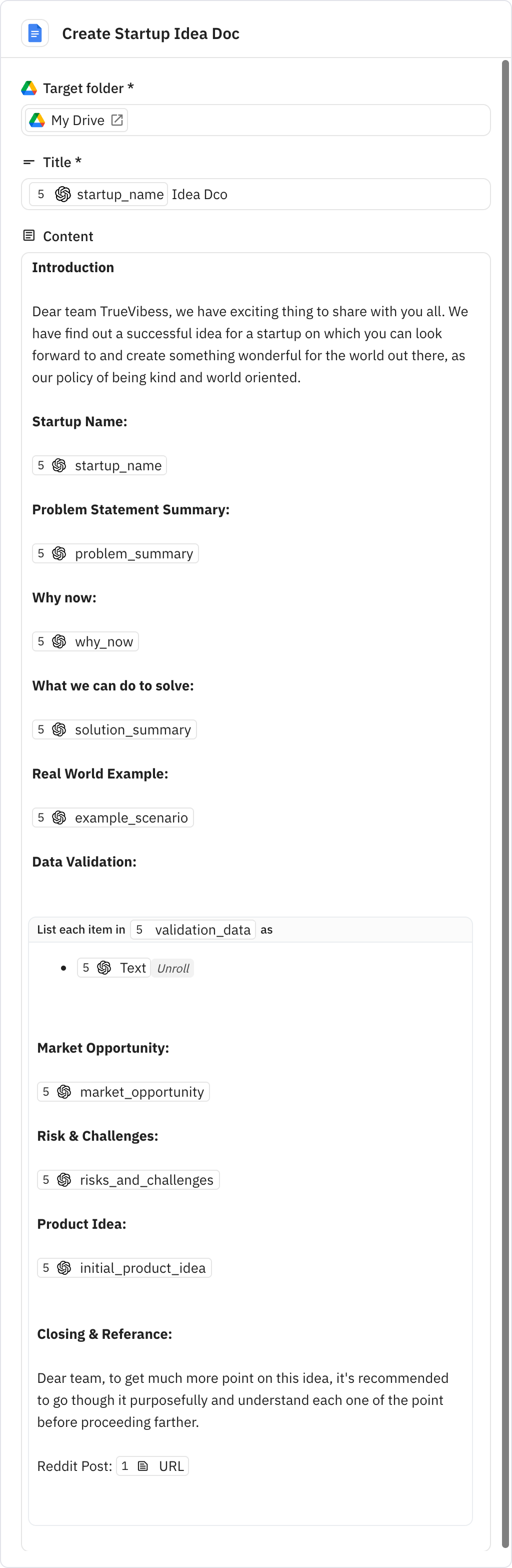 Relay.app screenshot of: Create Startup Idea Doc