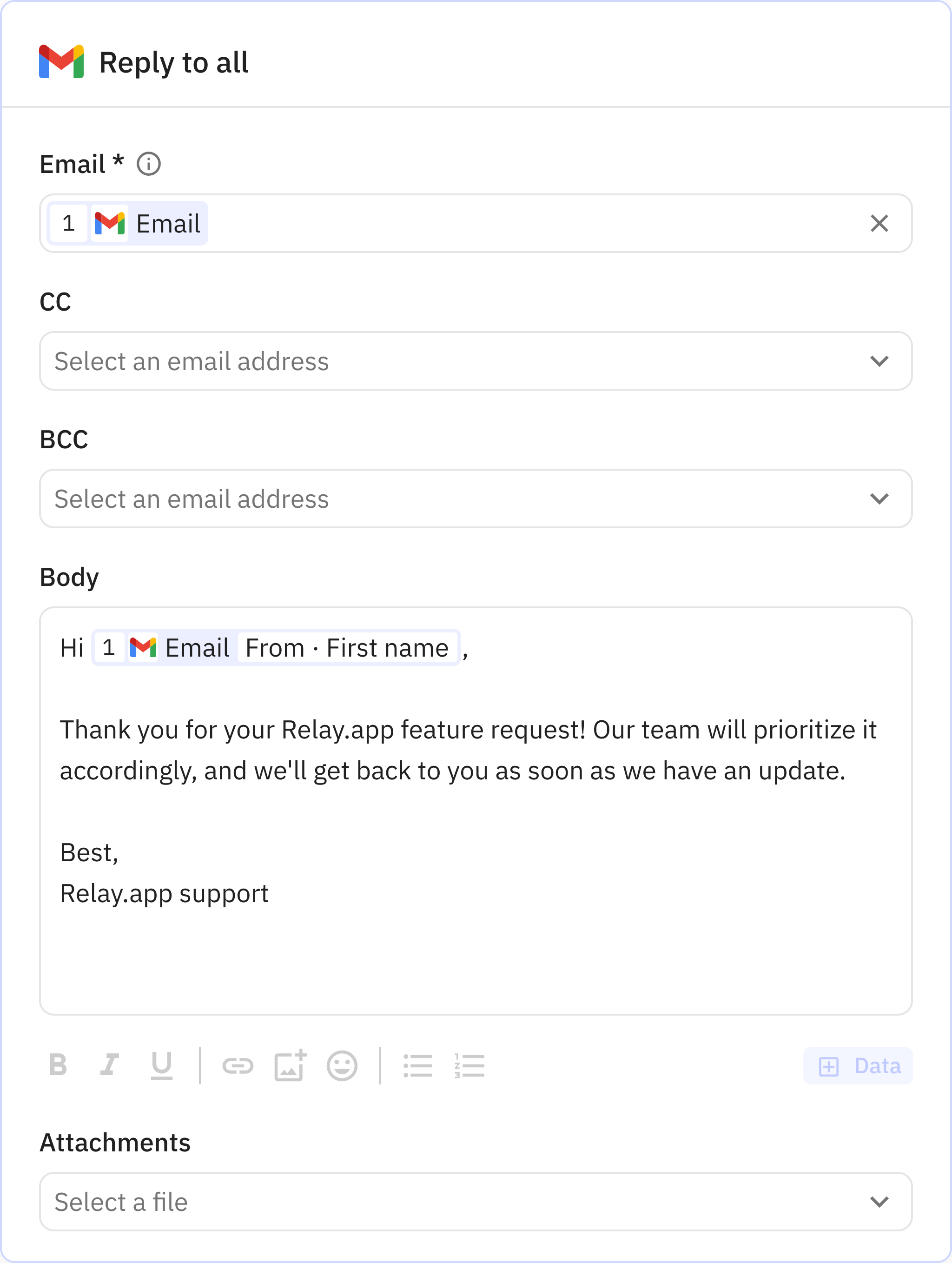 Relay.app screenshot of: Step 4: Reply to all