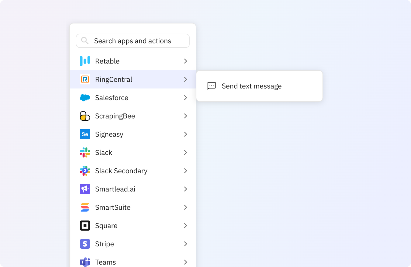 Preview of Use any of these RingCentral actions in your Relay.app workflows.