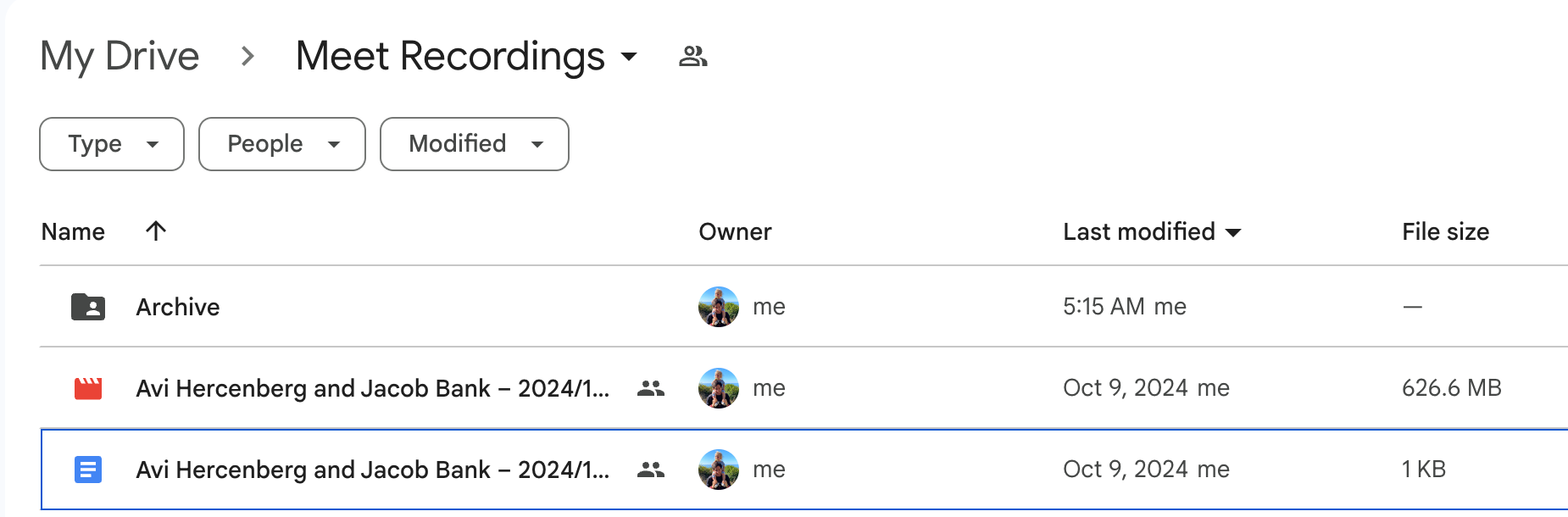The automatic Meet Recordings folder in Google Drive.