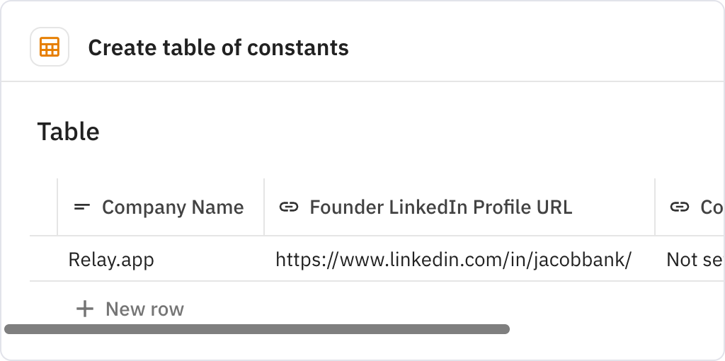 Relay.app screenshot of: Create table of constants