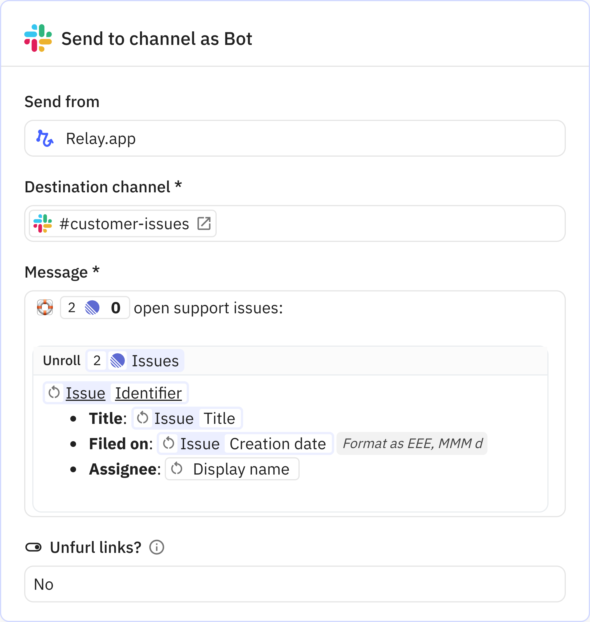 Relay.app screenshot of: Send to channel as Bot