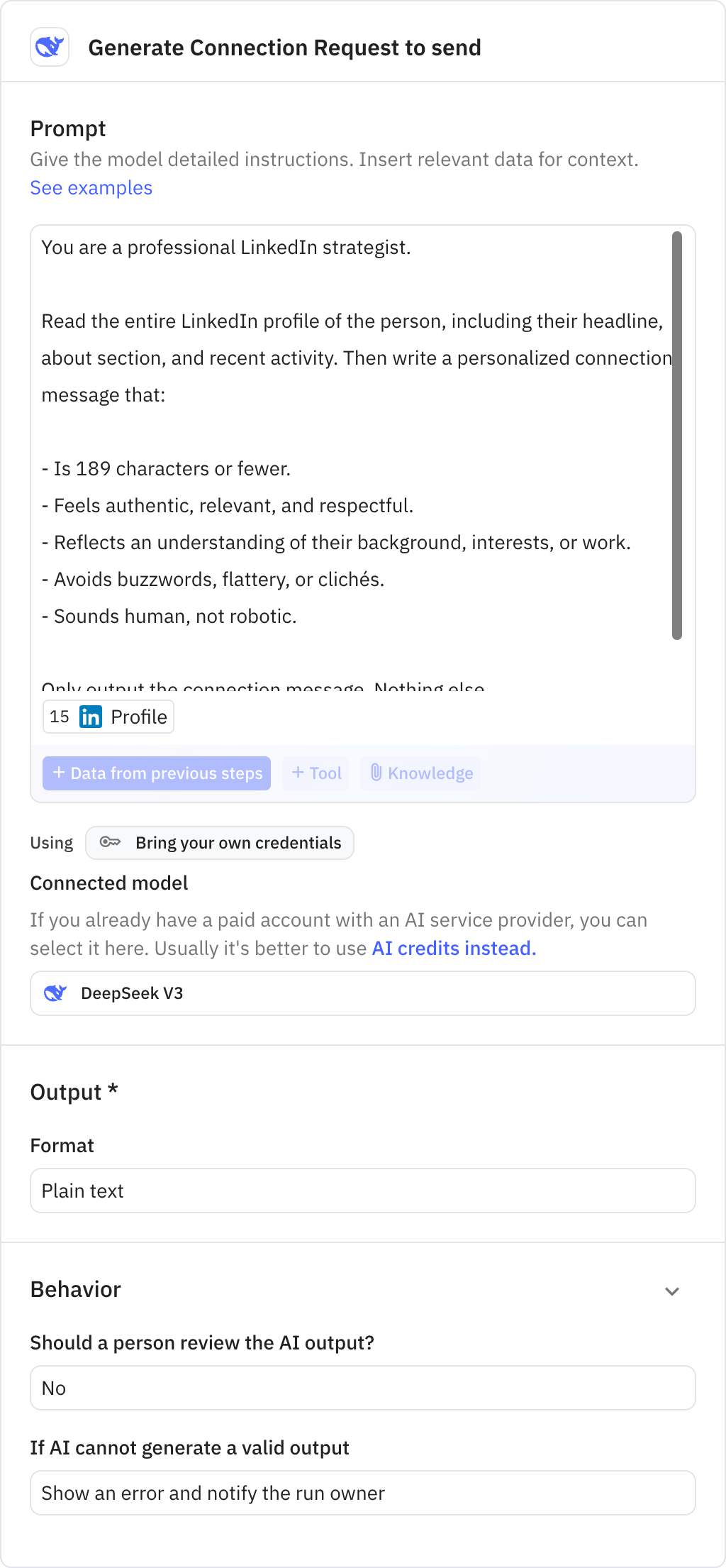 Relay.app screenshot of: Generate Connection Request to send